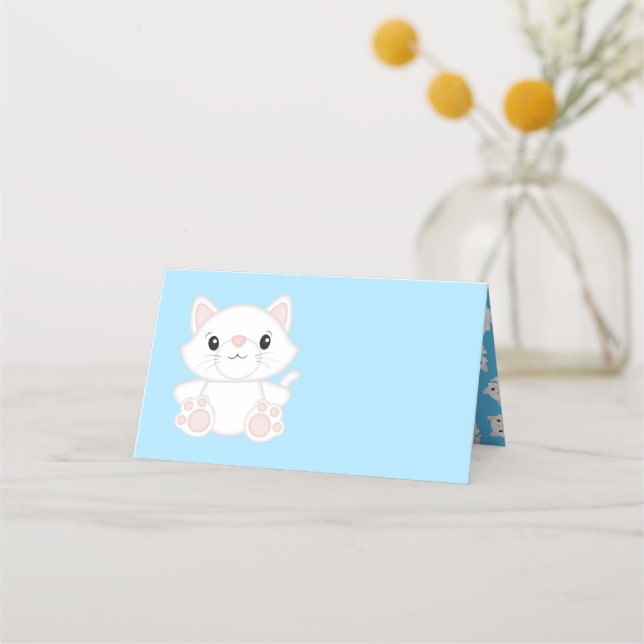 Cat Baby Shower Kitty Blue Place Card (Front)