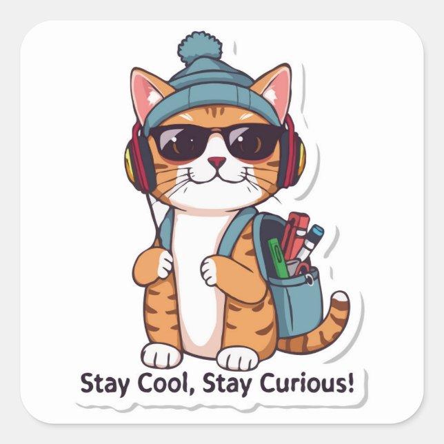 Cat Back To School - Stay Cool, Stay Curious Square Sticker (Front)