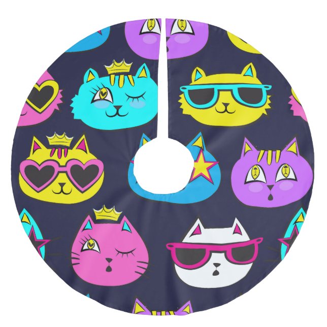 Cat badges, pop art textile brushed polyester tree skirt (Front)