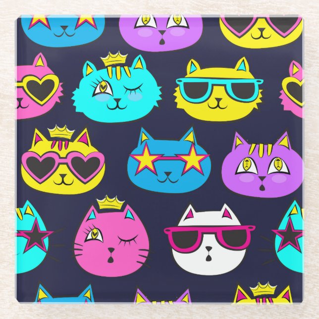 Cat badges, pop art textile glass coaster (Front)