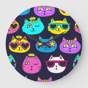 Cat badges, pop art textile large clock
