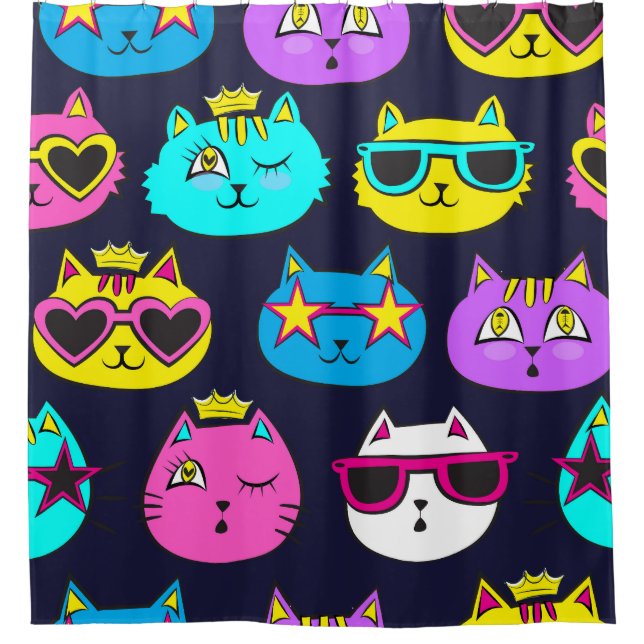 Cat badges, pop art textile shower curtain (Front)