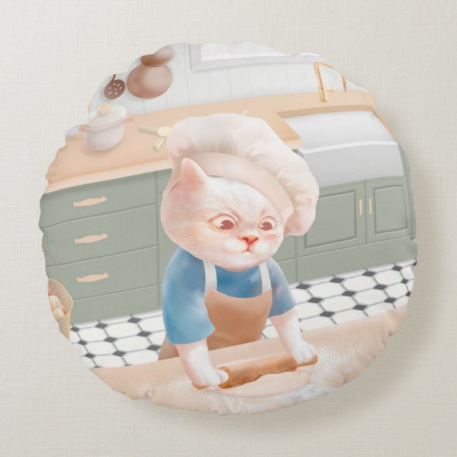 Cat Baker Baby – Cosy Morning Kneading Round Cushion (Front)