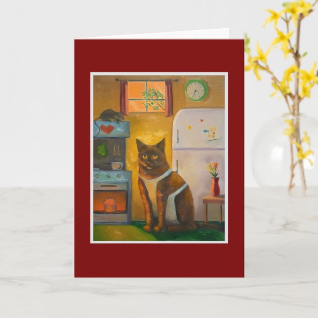 Cat Baking Muffin in Cottage Kitchen Card (Yellow Flower)