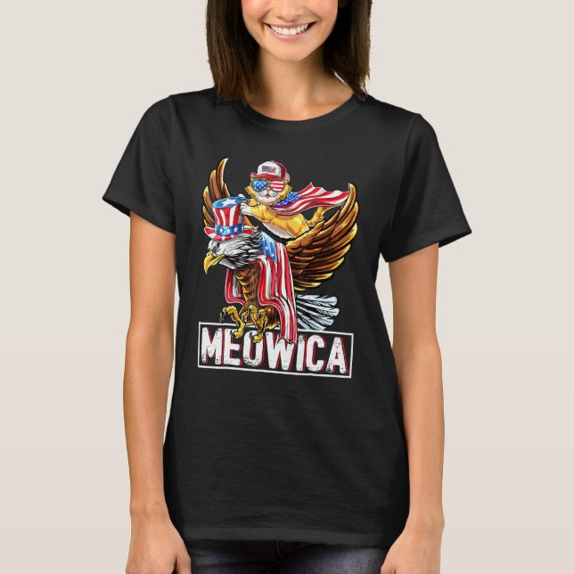 Cat Bald Eagle American Flag Meowica  4th Of July T-Shirt (Front)
