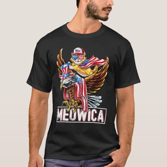 Cat Bald Eagle American Flag Meowica  4th Of July T-Shirt (Front)