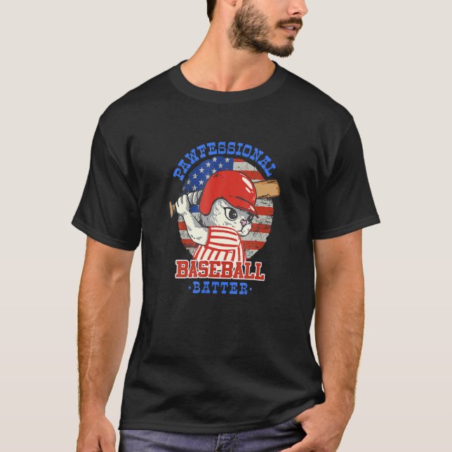 Cat Baseball Player 4h Of July T-Shirt (Front)