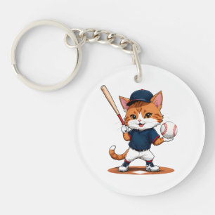 Cat baseball player key ring
