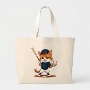 Cat baseball player large tote bag