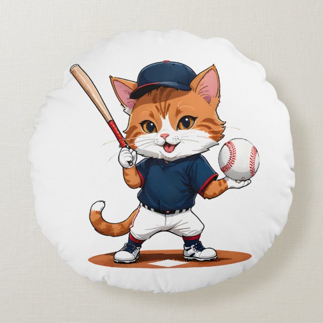 Cat baseball player round cushion (Front)