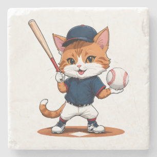 Cat baseball player stone coaster