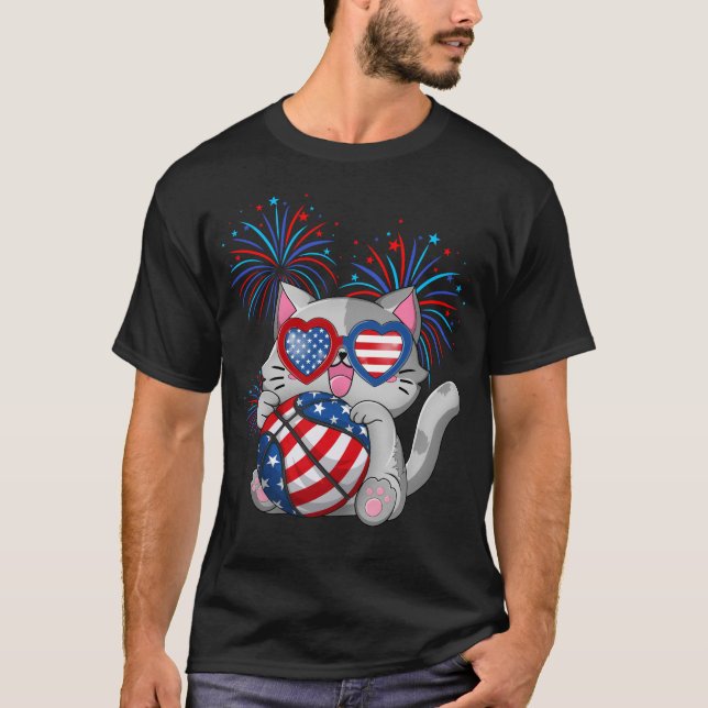 Cat Basketball American Usa Flag Cat 4th Of July T-Shirt (Front)
