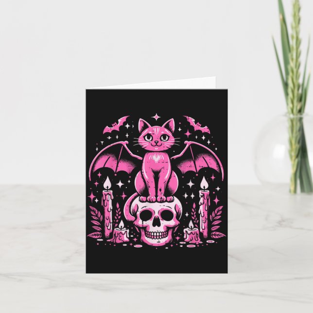 Cat Bat On Skull Halloween Costume Goth Women Girl Card (Front)