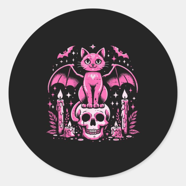 Cat Bat On Skull Halloween Costume Goth Women Girl Classic Round Sticker (Front)