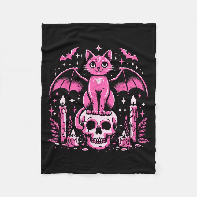 Cat Bat On Skull Halloween Costume Goth Women Girl Fleece Blanket (Front)