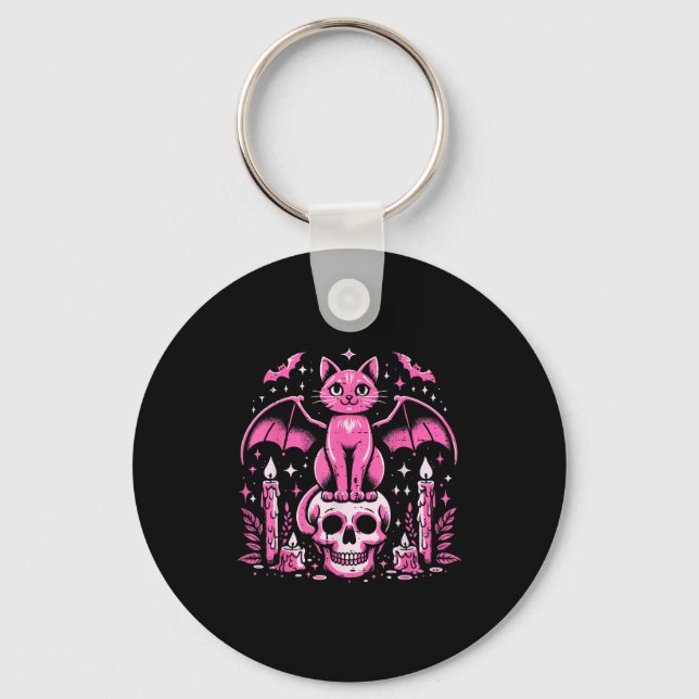 Cat Bat On Skull Halloween Costume Goth Women Girl Key Ring (Front)