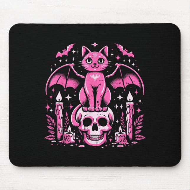Cat Bat On Skull Halloween Costume Goth Women Girl Mouse Mat (Front)