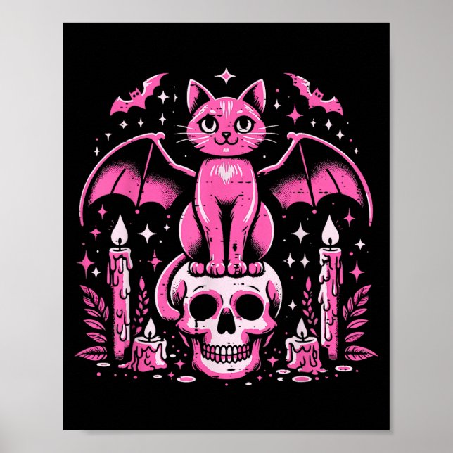 Cat Bat On Skull Halloween Costume Goth Women Girl Poster (Front)