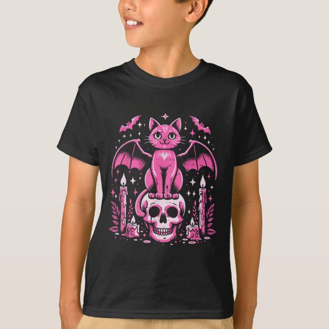 Cat Bat On Skull Halloween Costume Goth Women Girl T-Shirt (Front)