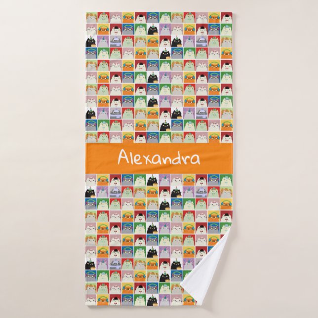 Cat Bath Towel Custom Name Colourful Cute (Bath Towel)