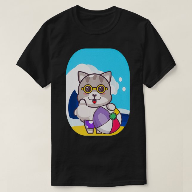 Cat Beach Ball Sea Waves Tea Anime Neko Chibi drag T-Shirt (Design Front)
