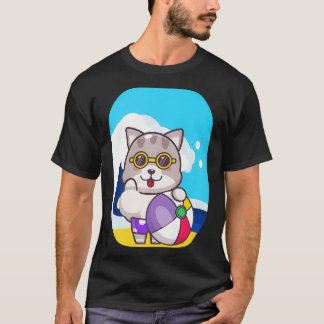 Cat Beach Ball Sea Waves Tea Anime Neko Chibi drag T-Shirt