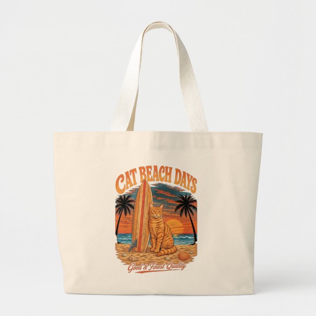 Cat Beach Days Retro Orange Tabby Cat Large Tote Bag (Front)