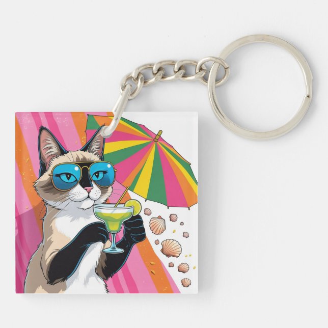 Cat Beach themed for Siamese Cat lovers  Key Ring (Back)