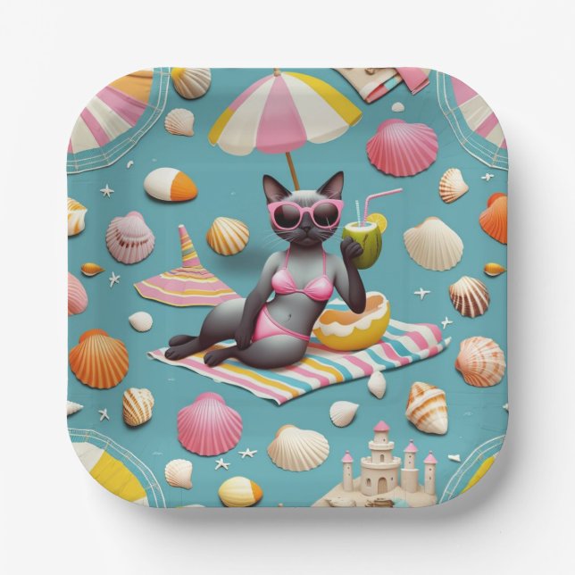 Cat Beach themed for Siamese Cat lovers Paper Plate (Front)