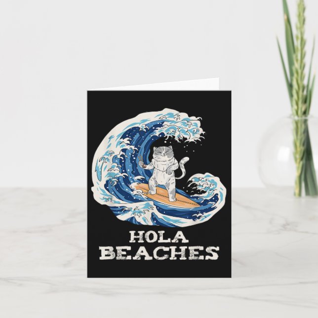 Cat Beaches Funny Japanese Hola Cat Surfing  Card (Front)