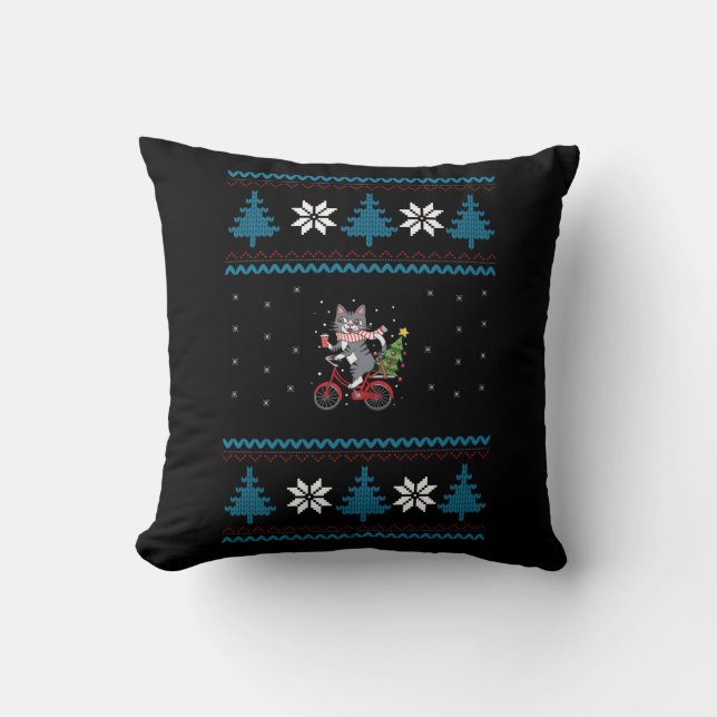 Cat Bicycle Ugly Christmas Cushion (Front)