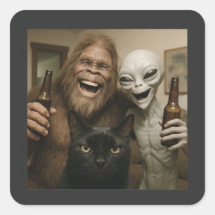 Cat Bigfoot Alien Selfie BFF Funny Photo With UFO Square Sticker