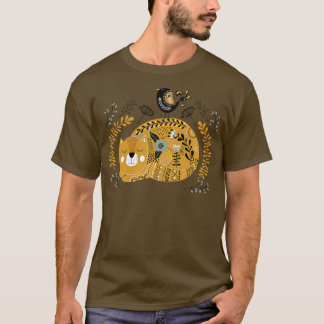 Cat Bird Flower Monochrome T-Shirt