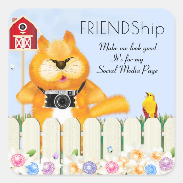Cat Bird Friendship Square Sticker (Front)