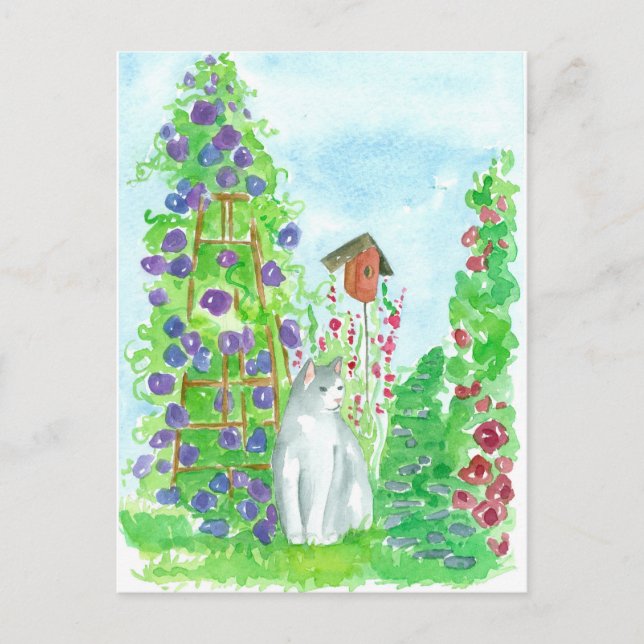 Cat Bird House Hollyhocks Summer Garden Flowers Postcard (Front)