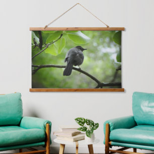 Cat Bird Photo On Wood Topped Wall Tapestry