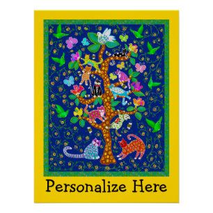 Cat Bird Tree of Life Fun Personalised Poster