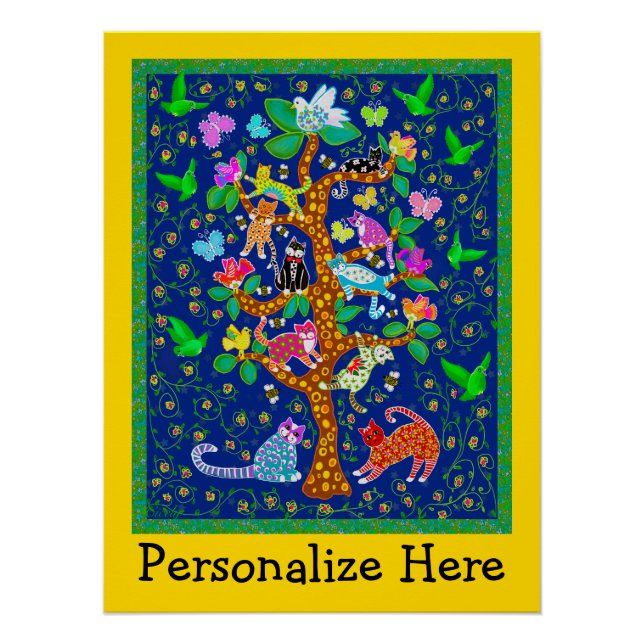 Cat Bird Tree of Life Fun Personalised Poster (Front)