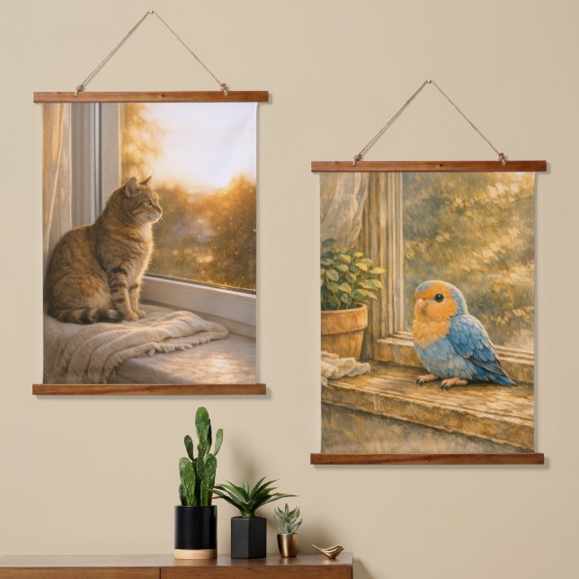 Cat & Bird Window Companions Tapestry Pair (Asymmetrical)