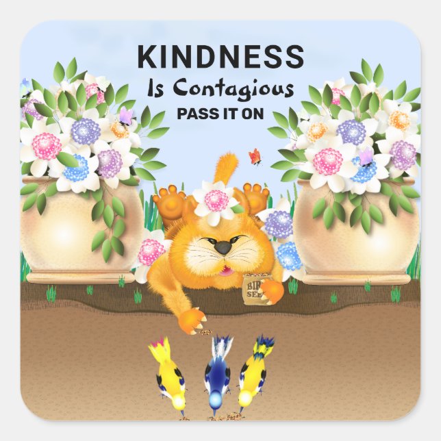 Cat Birds Spring Garden Friendship Kindness Square Sticker (Front)