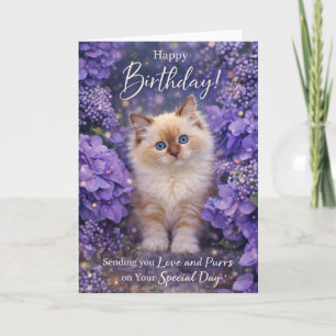 Cat Birthday Card – Cute Kitten & Purple Flowers