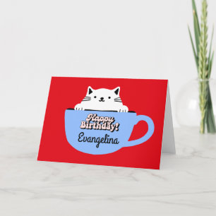 Cat Birthday Card, Kitten in Cup Personalised Card