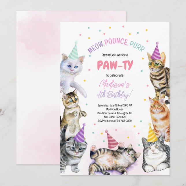 Cat Birthday Invitation Kitten Party Pawty Girl (Front/Back)