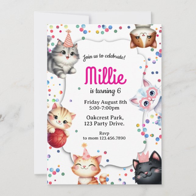cat birthday invitation, kitty party invite (Front)