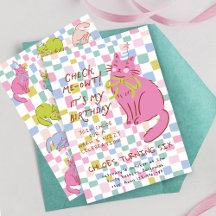 Cat Birthday Invite, Girls Party Invite, Retro Cat