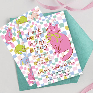 Cat Birthday Invite, Girls Party Invite, Retro Cat Invitation