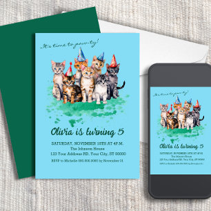 Cat Birthday Party, Girls and Kids Blue Invitation