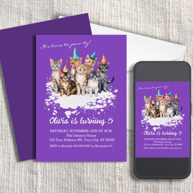 Cat Birthday Party, Girls and Kids Purple Invitation (Creator Uploaded)