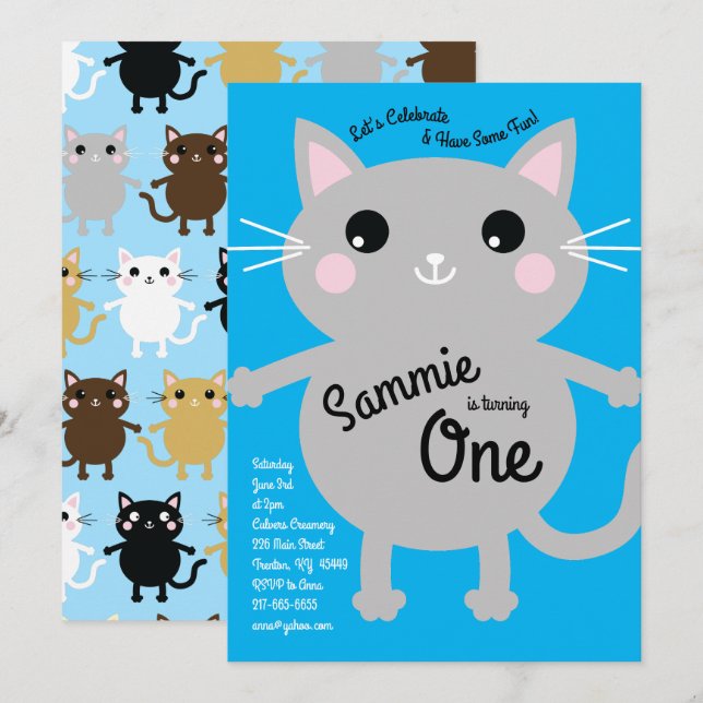 Cat Birthday Party Invitation (Front/Back)