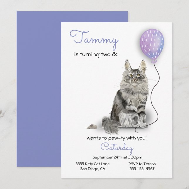 Cat Birthday Party Invitation (Front/Back)